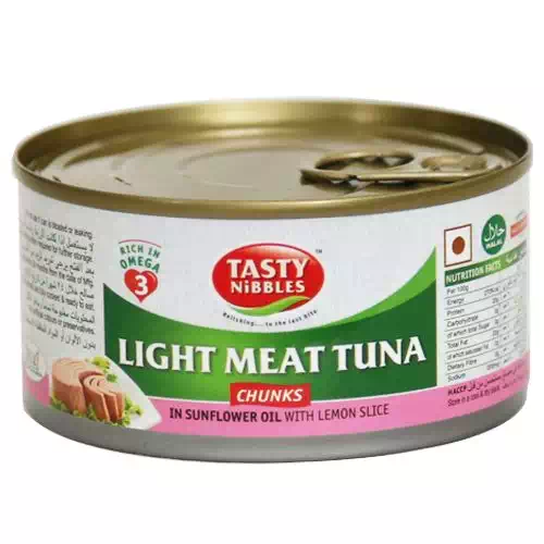 TASTY NIBBLES LIGHT MEAT TUNA CHUNKS IN SUNFLOWER OIL WITH LEMON SLICE 185 gm