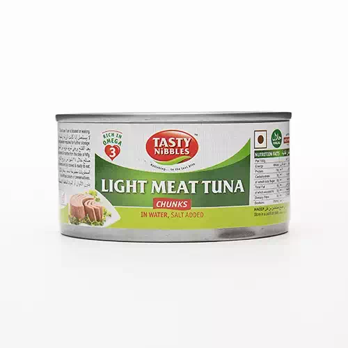 TASTY NIBBLES LIGHT MEAT TUNA CHUNKS  IN WATER SALT ADDED 185 gm