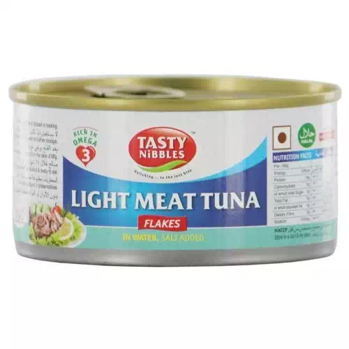 TASTY NIBBLES LIGHT MEAT TUNA FLAKES IN WATER SALT ADDED 185 gm