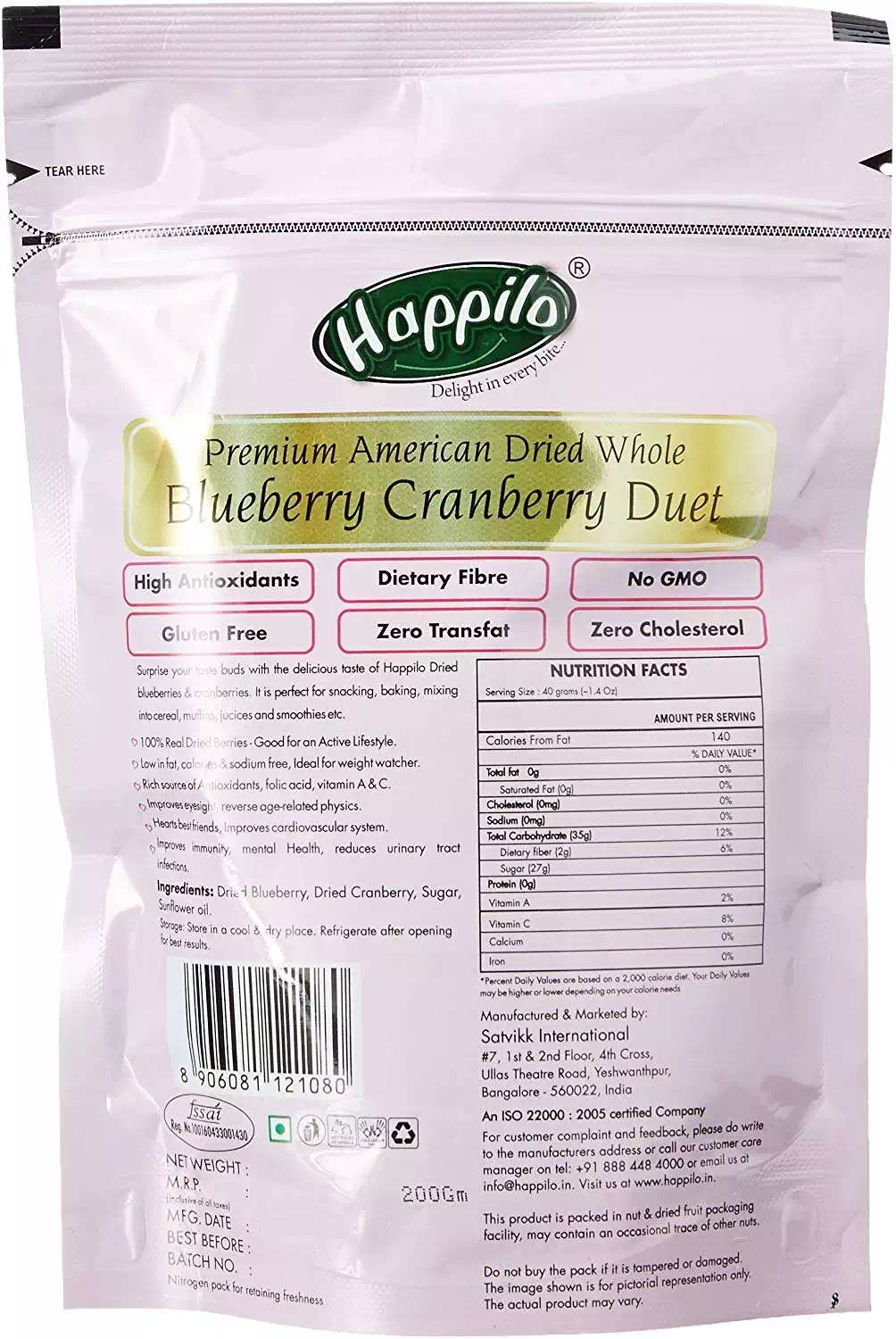 HAPPILO AMERICAN BLUEBERRY CRANBERRY DUET 200 gm