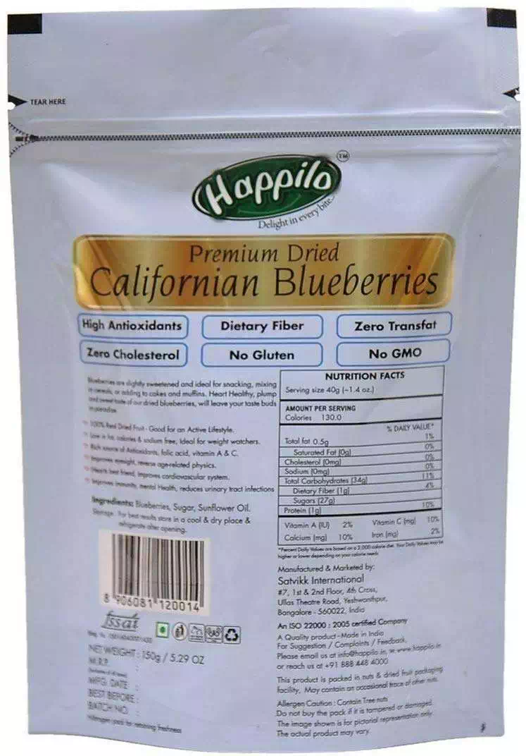 HAPPILO PREMIUM DRIED BLUEBERRIES 150 gm
