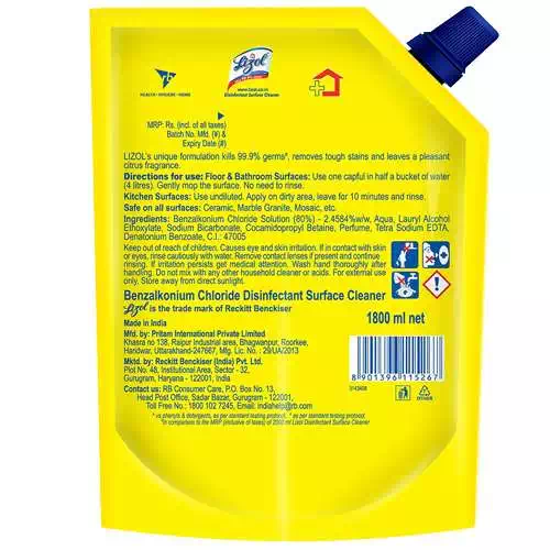 LIZOL DISINFECTANT SURFACE CLEANER CITRUS POUCH 1800 ml