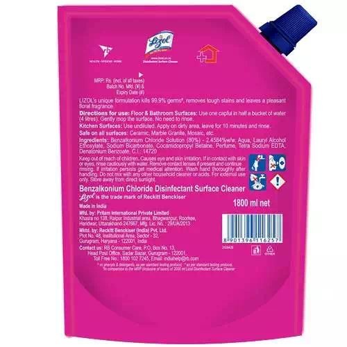 LIZOL DISINFECTANT SURFACE CLEANER FLORAL POUCH 1800 ml