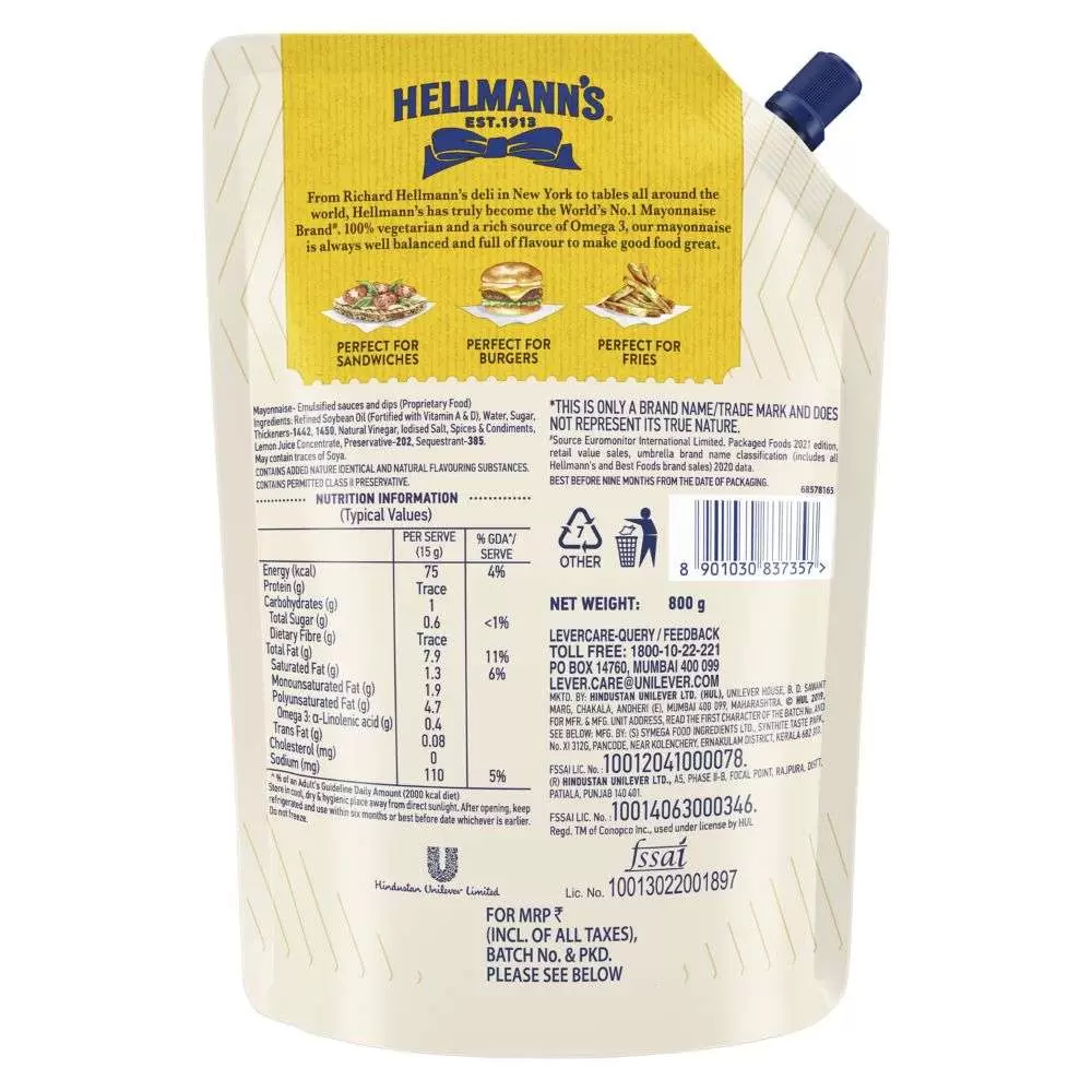 HELLMANNS REAL MAYONNAISE 800GM 800 gm